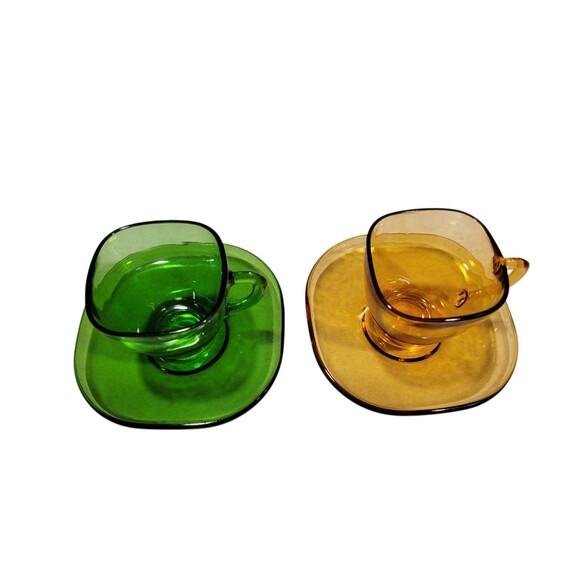 Vtg Glass Duralex Vereco France 2 Square Espresso Coffee Cups & Saucers - Picture 2 of 10